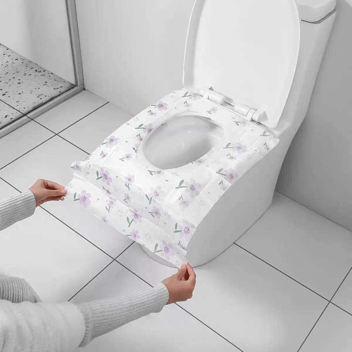 Disposable Toilet Seat Cushions, Elegant Flower Design, Floral, Non-Woven + Pe Film, Portable, Adhesive Back, 5 Colors, Public Restrooms, Travel, Airplane Use, Travel Toilet Seat Covers