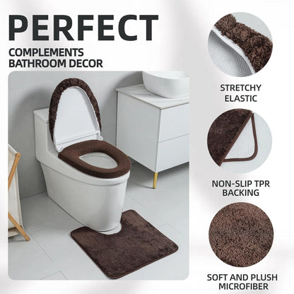 3piece Toilet Seat Cover Set - Toilet Seat Cover +Toilet Lid Cover + toilet rugs u shaped washable, Fits Most Elongated Round and Oblong Toilet,(Machine Washable,Quick-Dry) coffee