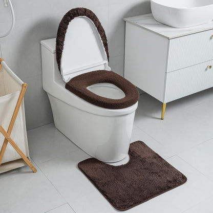 3piece Toilet Seat Cover Set - Toilet Seat Cover +Toilet Lid Cover + toilet rugs u shaped washable, Fits Most Elongated Round and Oblong Toilet,(Machine Washable,Quick-Dry) coffee