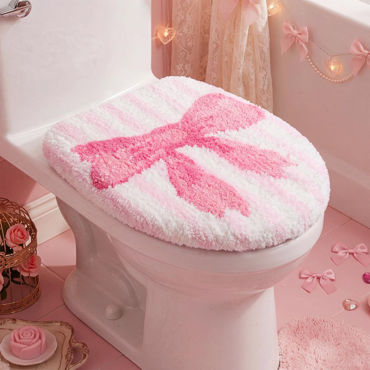 SmoothNovelty Toilet Lid Cover Coquette Plush Cover, Pink, Bow