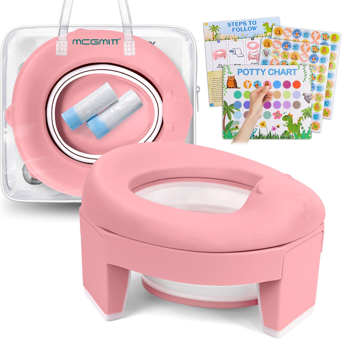 MCGMITT Potty Training Toilet Seat for Toddlers Boys Girls, Portable Baby Toilet Soft EVA Folding Kids Potty Chair Cover with Splash Guard for Travel, Including 3 Non-Slip Feet and Storage Bag (Blue)