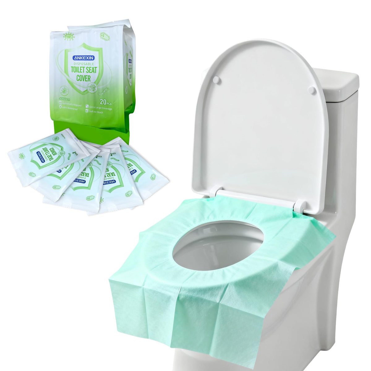 Disposable Toilet Seat Covers, 20 PCS Individually Travel Pack, XL Waterproof & Adhesive Secure Fit for Public Restrooms, Airplane & Office Use