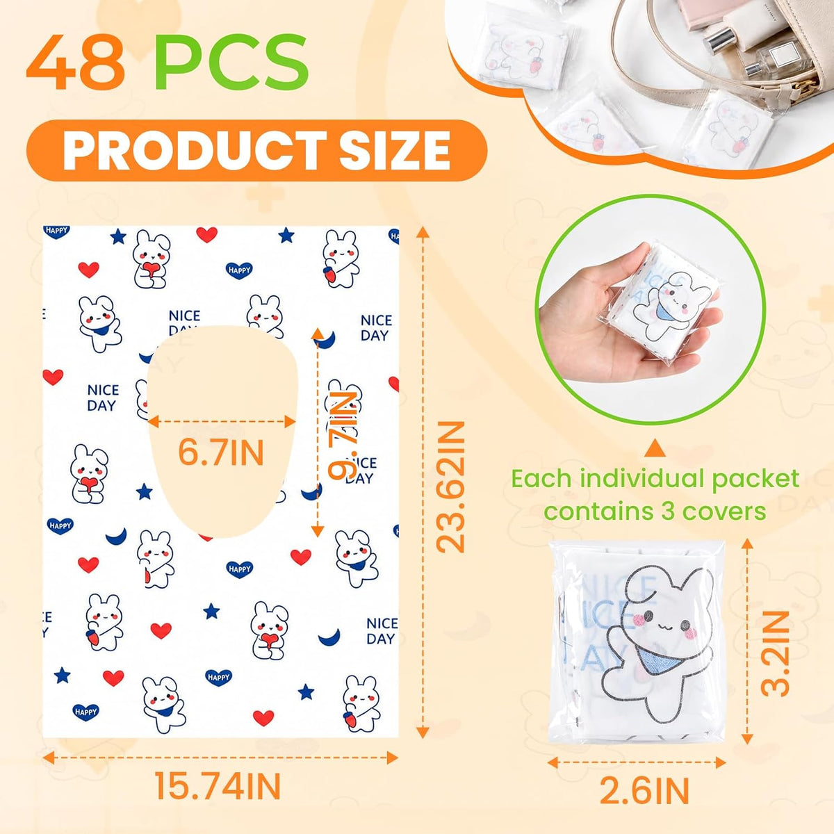 48 Pcs Toilet Seat Covers Disposable, Individually Wrapped for Travel