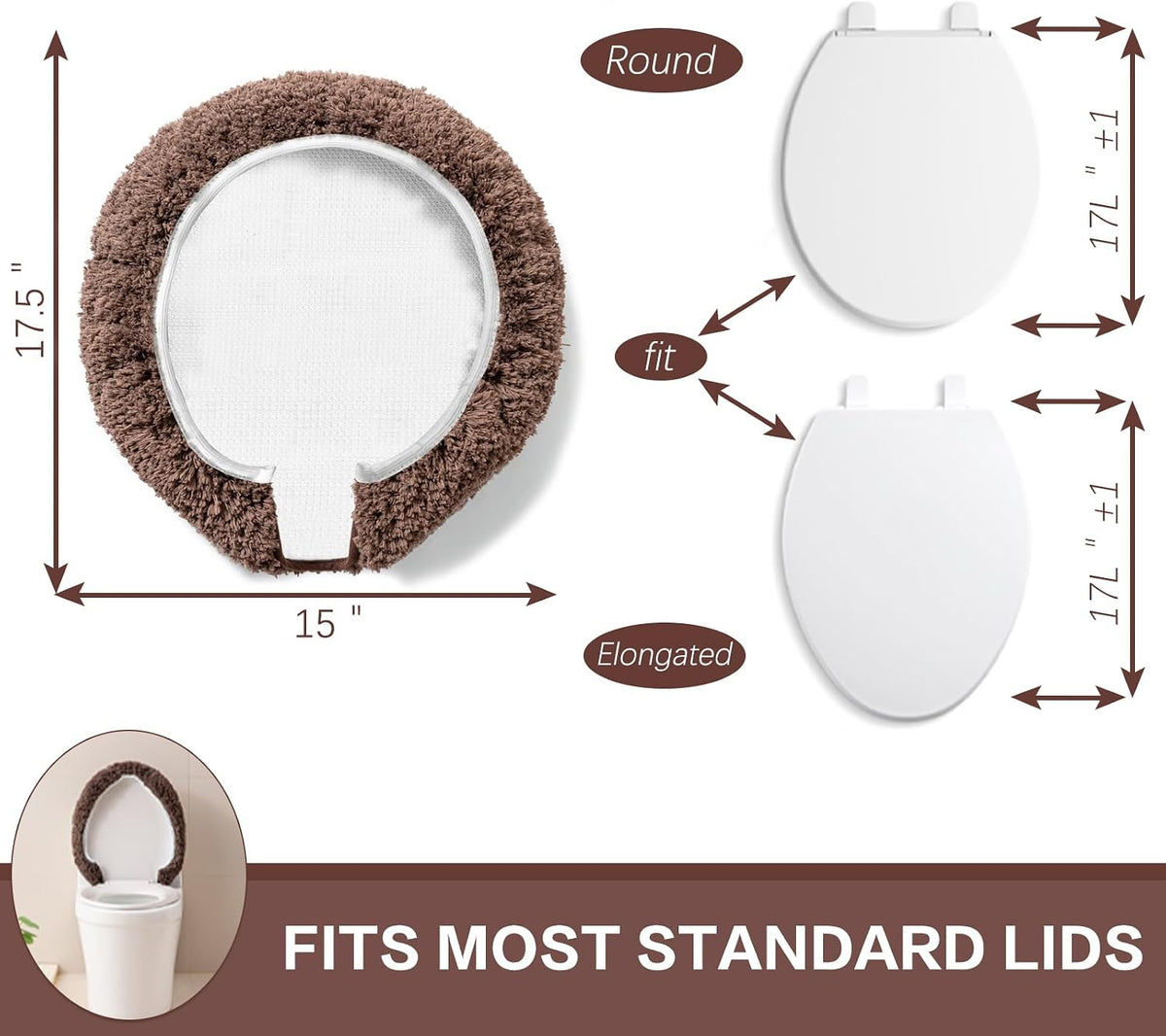 Microfiber Toilet Lid Cover, 17.5"x15" Fits Round Oblong and Elongated