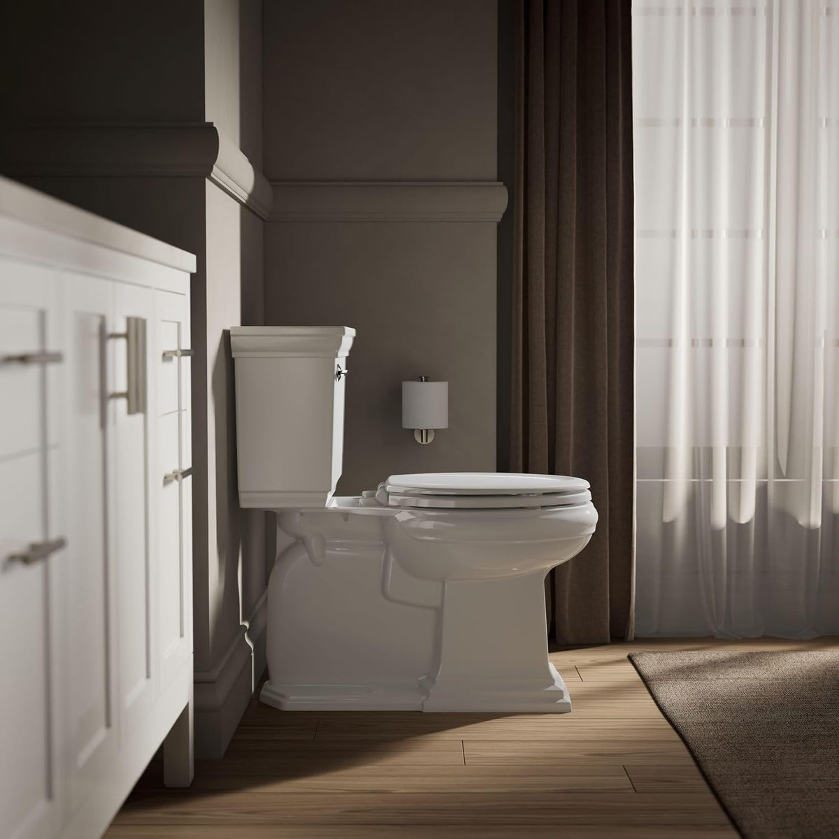 KOHLER Stonewood Quiet-Close, Elongated Toilet Seat Soft Close, Durable Wood, Easy Installation, Universal Fit, Home Essentials, White Finish, K-20466-0