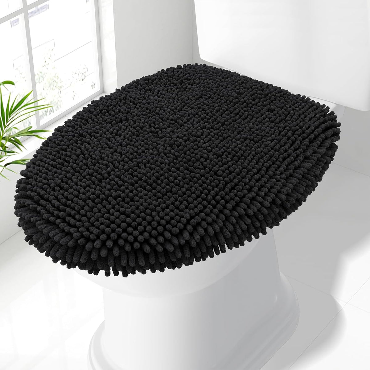 Smiry Soft Chenille Bathroom Toilet Lid Cover 17.5x15, Black