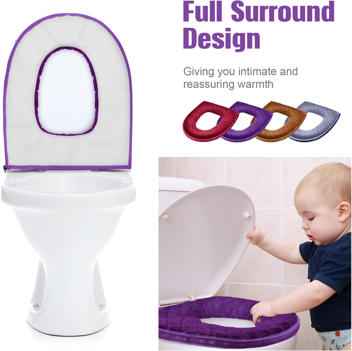 Riakrum 4 Pcs Toilet Seat Covers Warmer,Modern,Gray, Violet, Red, Brown