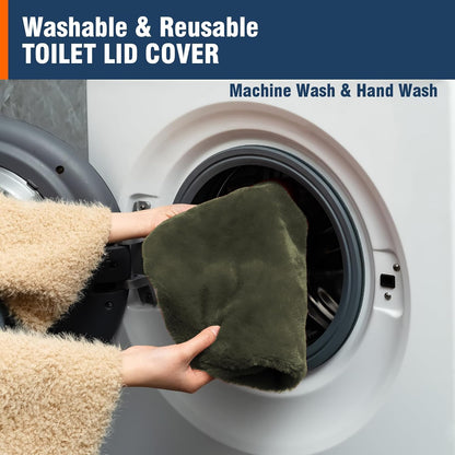Comfortable Soft Plush Toilet Lid Cover for Bathroom, Machine Washable Toilet Seat Covers, Fits Most Round Elongated and Oblong Lids, Easy Installation& Cleaning (Olive green)