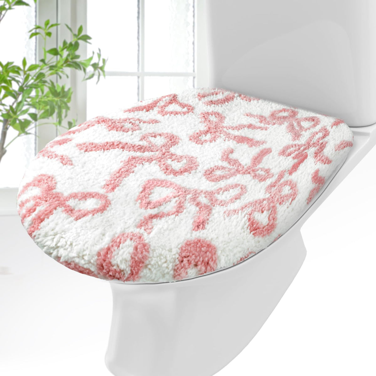 SmoothNovelty Toilet Lid Cover Coquette Plush Cover, Pink, Bow