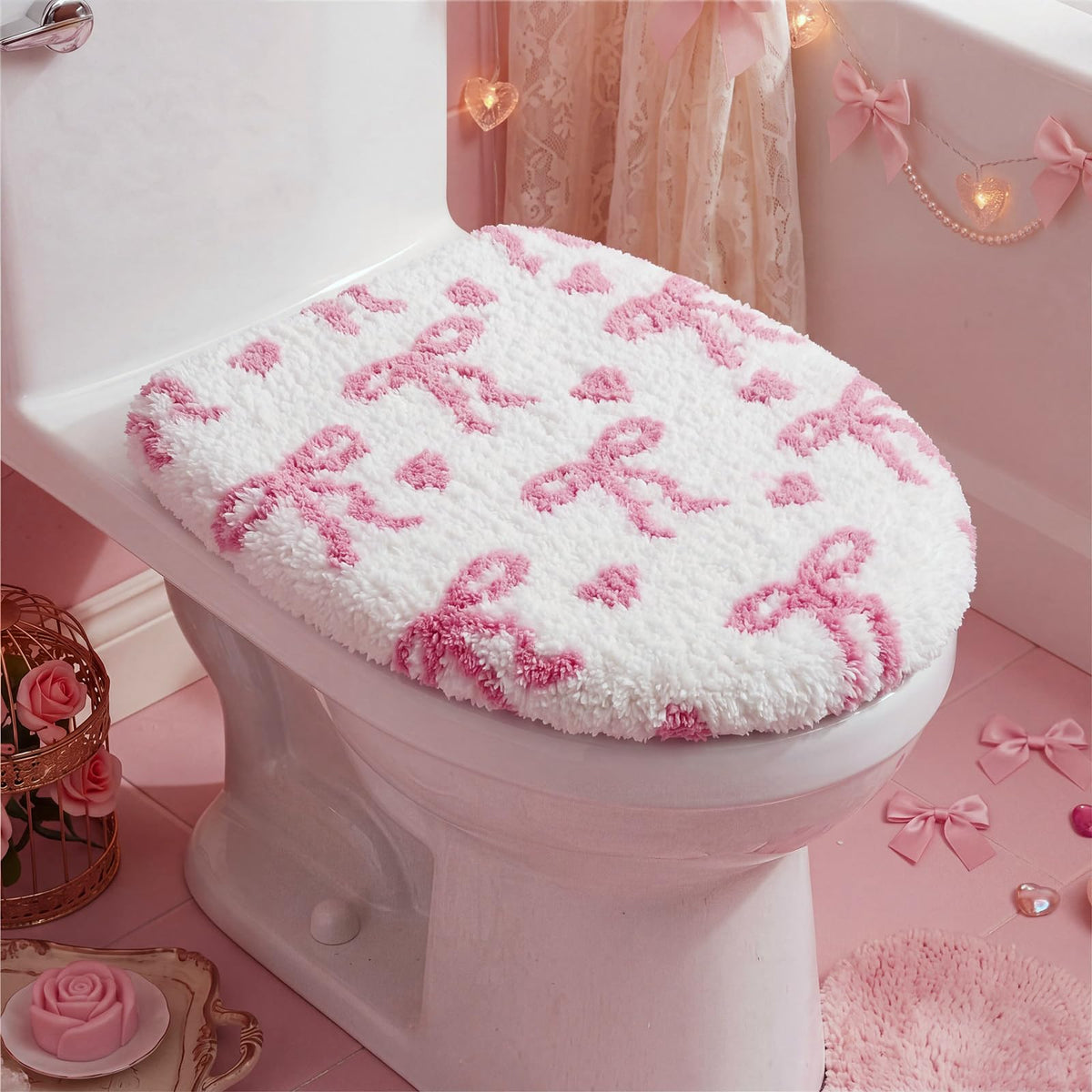 SmoothNovelty Toilet Lid Cover Coquette Plush Cover, Pink, Bow