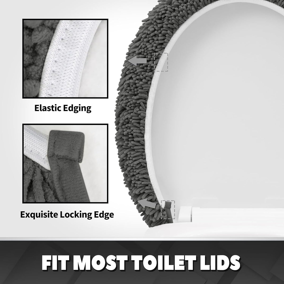 Ultra Soft Chenille Bathroom Toilet Lid Cover, 19x21 Inches, Charcoal Gray