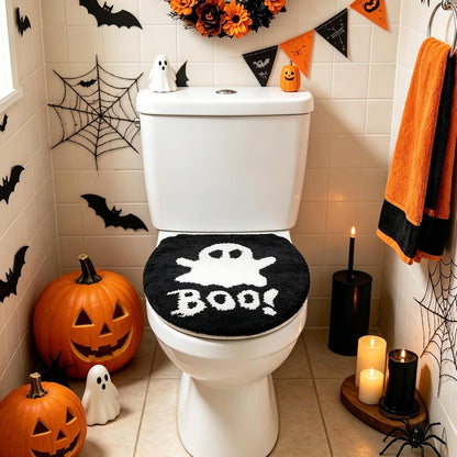 FYSUIMU Halloween Toilet Seat Cover Black White Boo Ghost Soft Toilet Lid Cover with Adjustable Rubber Backing for Bathroom Trick or Treat Holiday Party Decoration