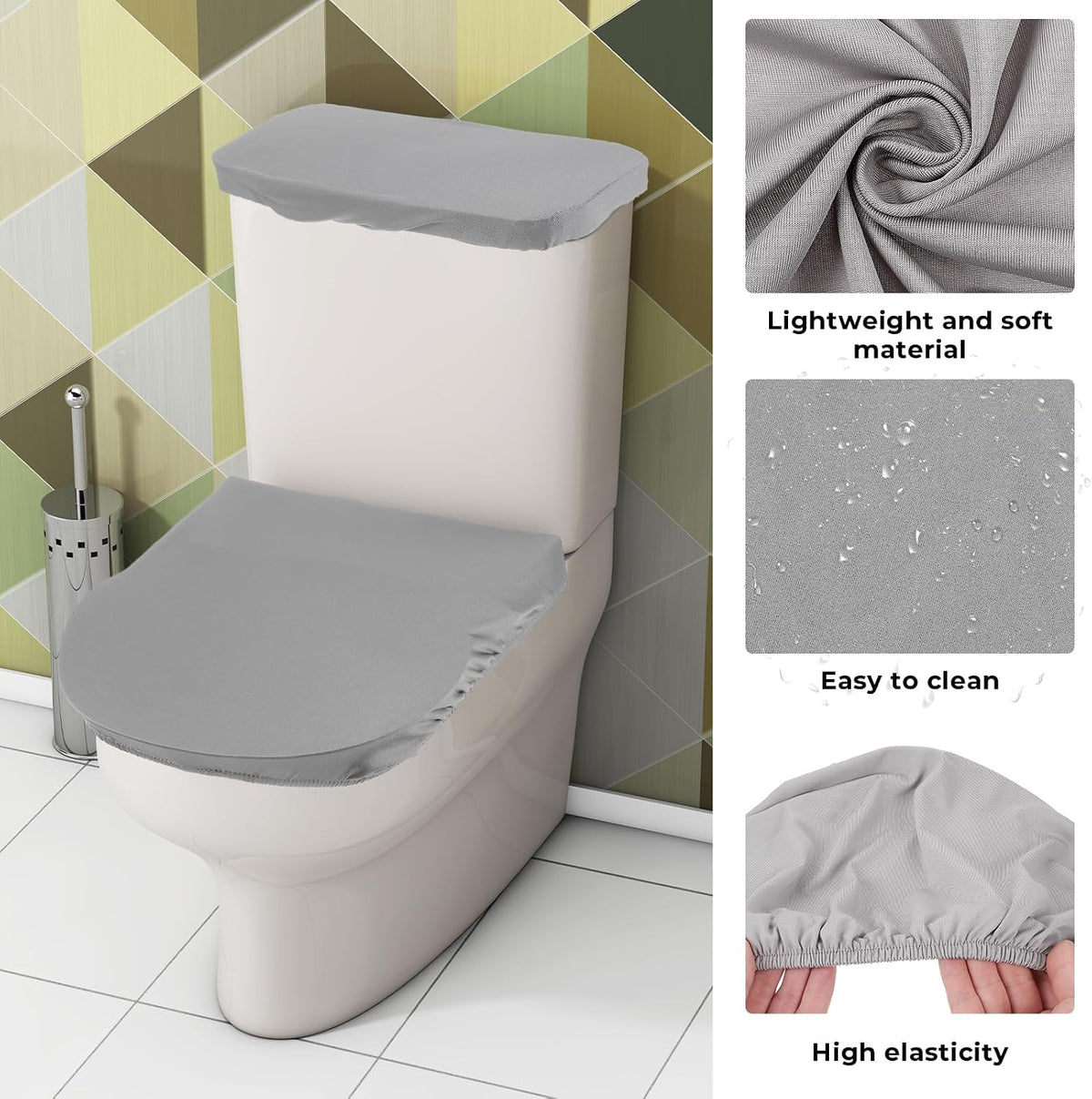 Thinp Toilet Lid Cover and Toilet Tank Cover,Grey Toilet Seat Cover with Elastic Bottom Replacement Toilet Cover Soft Stretch Toilet Covers Set Universal Toilet Lid Covers for Bathroom Decoration