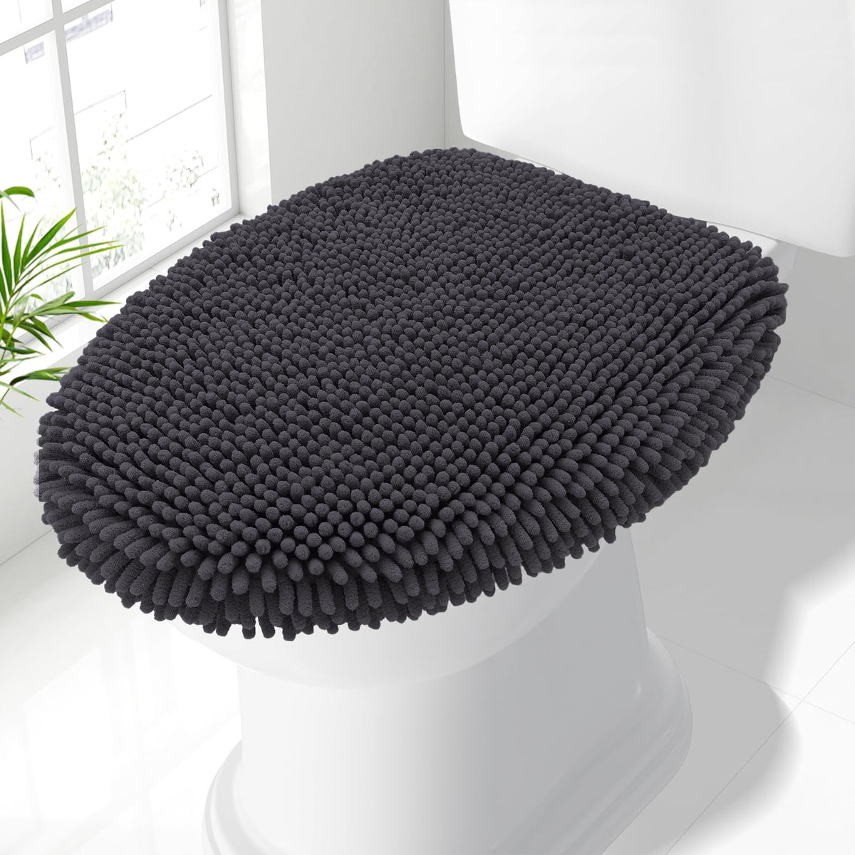 Smiry Soft Chenille Bathroom Toilet Lid Cover 17.5x15, Black