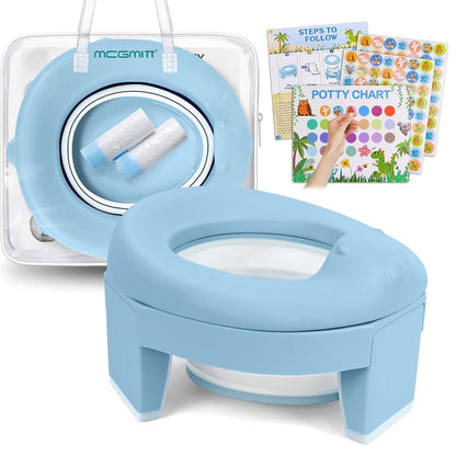 MCGMITT Potty Training Toilet Seat for Toddlers Boys Girls, Portable Baby Toilet Soft EVA Folding Kids Potty Chair Cover with Splash Guard for Travel, Including 3 Non-Slip Feet and Storage Bag (Blue)