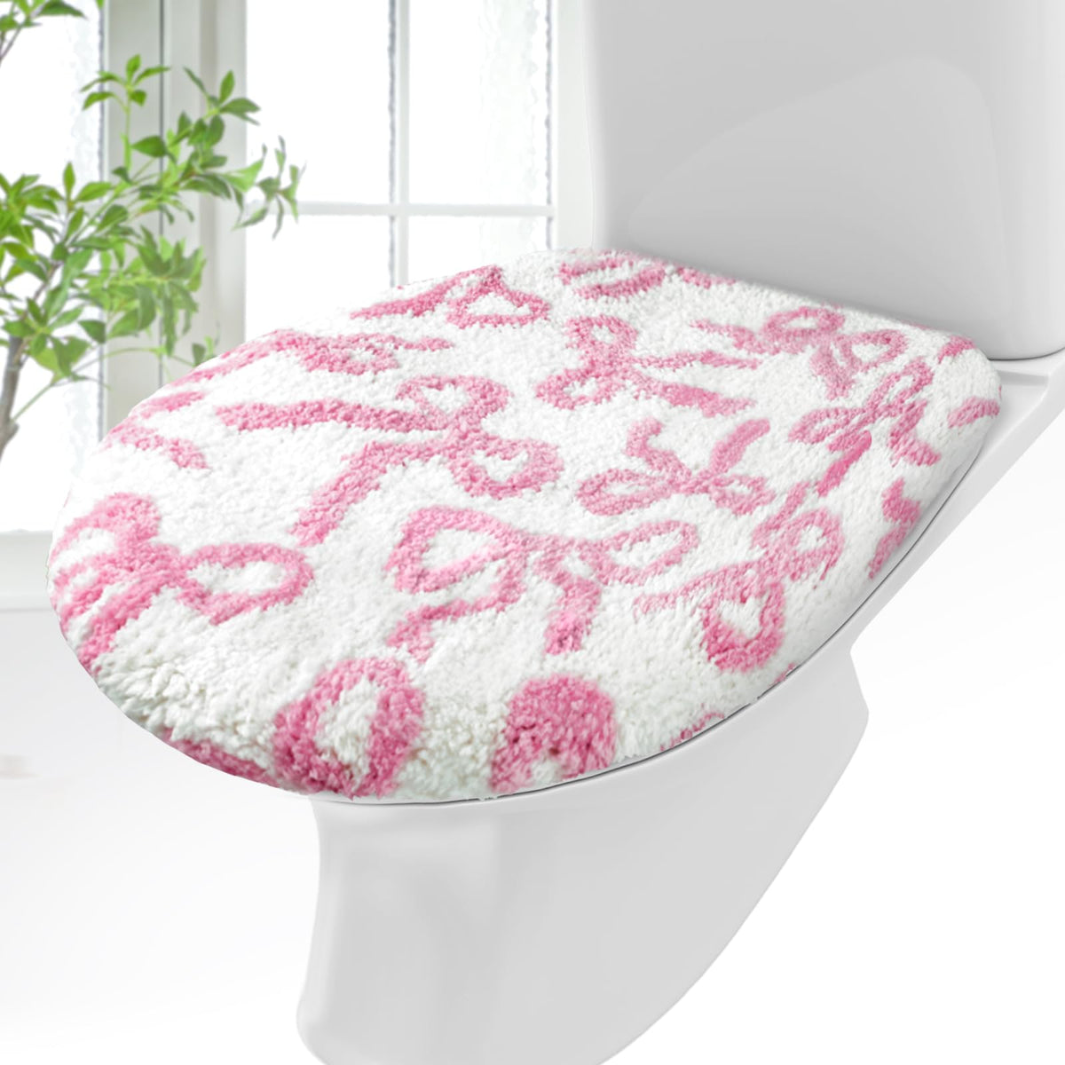 SmoothNovelty Toilet Lid Cover Coquette Plush Cover, Pink, Bow
