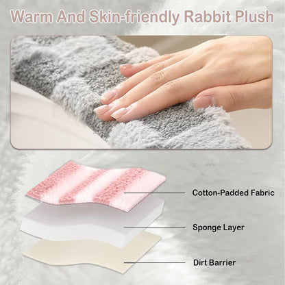 Thick and Warm Plush Toilet Seat Cover – Washable, Reusable Cushion with TPR Adhesive & Checkered Pattern for Comfort & Insulation (White)