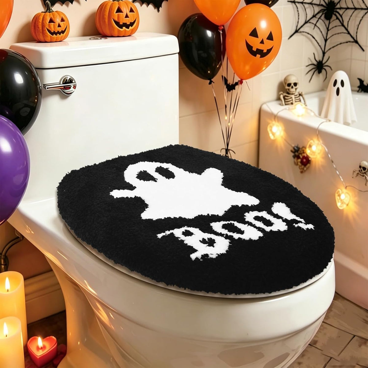 FYSUIMU Halloween Toilet Seat Cover Black White Boo Ghost Soft Toilet Lid Cover with Adjustable Rubber Backing for Bathroom Trick or Treat Holiday Party Decoration