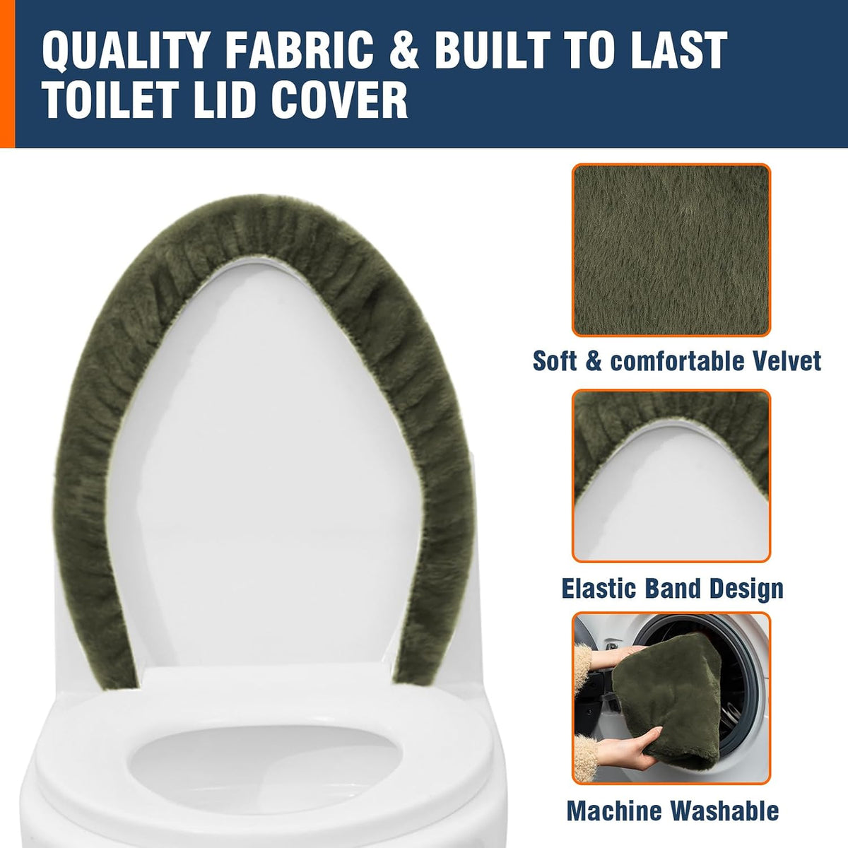Comfortable Soft Plush Toilet Lid Cover for Bathroom, Machine Washable Toilet Seat Covers, Fits Most Round Elongated and Oblong Lids, Easy Installation& Cleaning (Olive green)