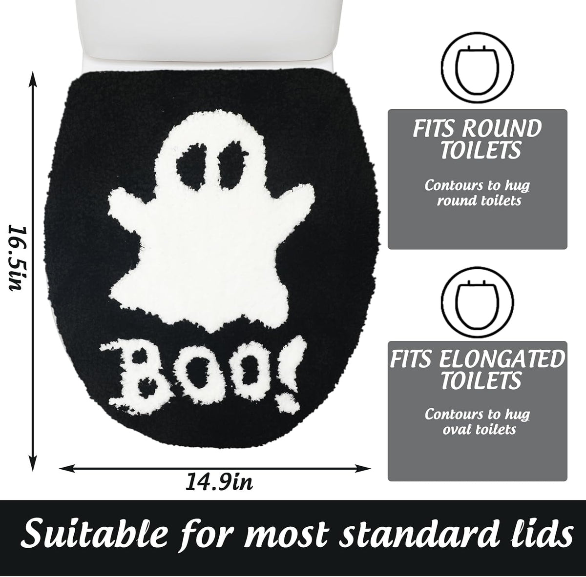 FYSUIMU Halloween Toilet Seat Cover Black White Boo Ghost Soft Toilet Lid Cover with Adjustable Rubber Backing for Bathroom Trick or Treat Holiday Party Decoration
