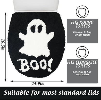 FYSUIMU Halloween Toilet Seat Cover Black White Boo Ghost Soft Toilet Lid Cover with Adjustable Rubber Backing for Bathroom Trick or Treat Holiday Party Decoration