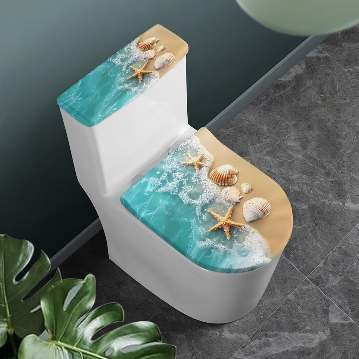 Starfish Toilet Lid & Tank Covers Shell Toilet Seat Covers for Bathroom Dust Cover Set 2 Piece Polyester Fabric Bathroom Covers Elastic Bottom Soft Universal for Most Toilet Bowl Lids