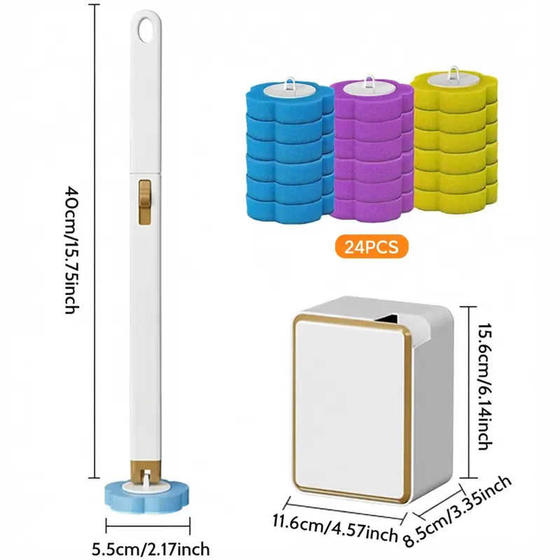 Disposable Toilet Scrubber Wand - Plastic Bathroom Cleaning Tool, Disposable Toilet Cleaning System with Flower-Shaped Sponge Heads, Built-In Solution, Long Handle for Hard-To-Reach Areas & Deep Clean
