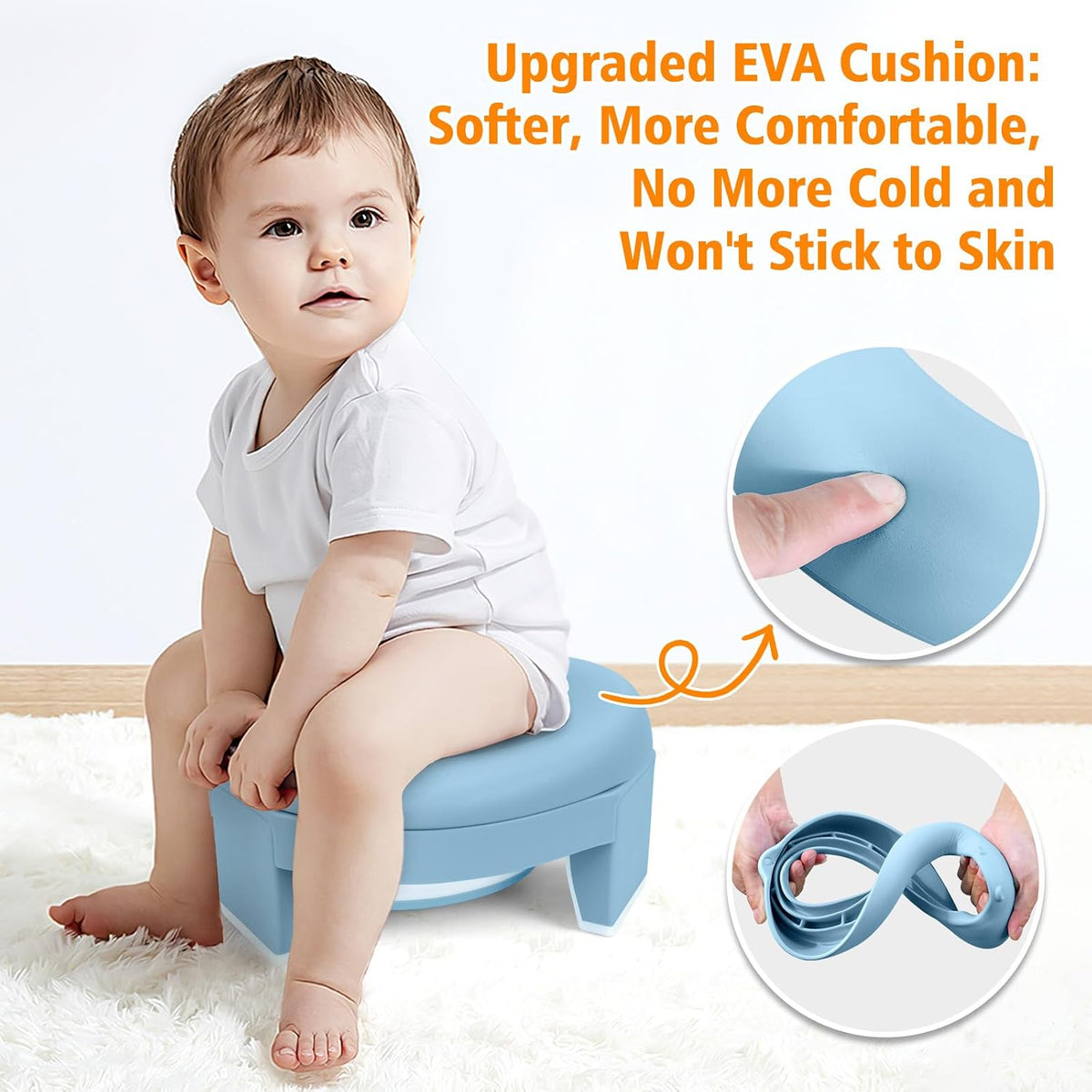 MCGMITT Potty Training Toilet Seat for Toddlers Boys Girls, Portable Baby Toilet Soft EVA Folding Kids Potty Chair Cover with Splash Guard for Travel, Including 3 Non-Slip Feet and Storage Bag (Blue)