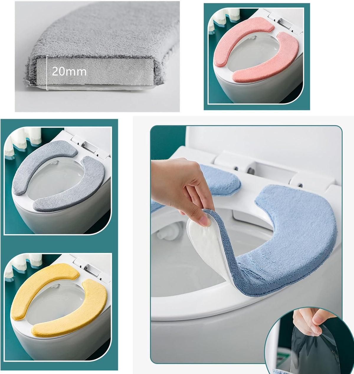 1 Pair Soft Toilet Seat Covers Plush Thick Fabric Toilet Seat Warmer Waterproof self-adhesive Reusable Machine-Washable Universal for All Types of Toilets Bathroom (Grey)