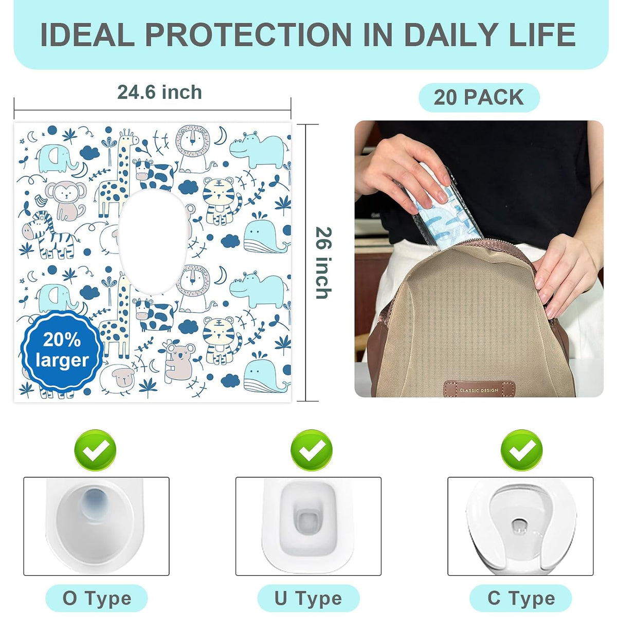 20 Pack Disposable Toilet Seat Covers for Travel, Individually Wrapped
