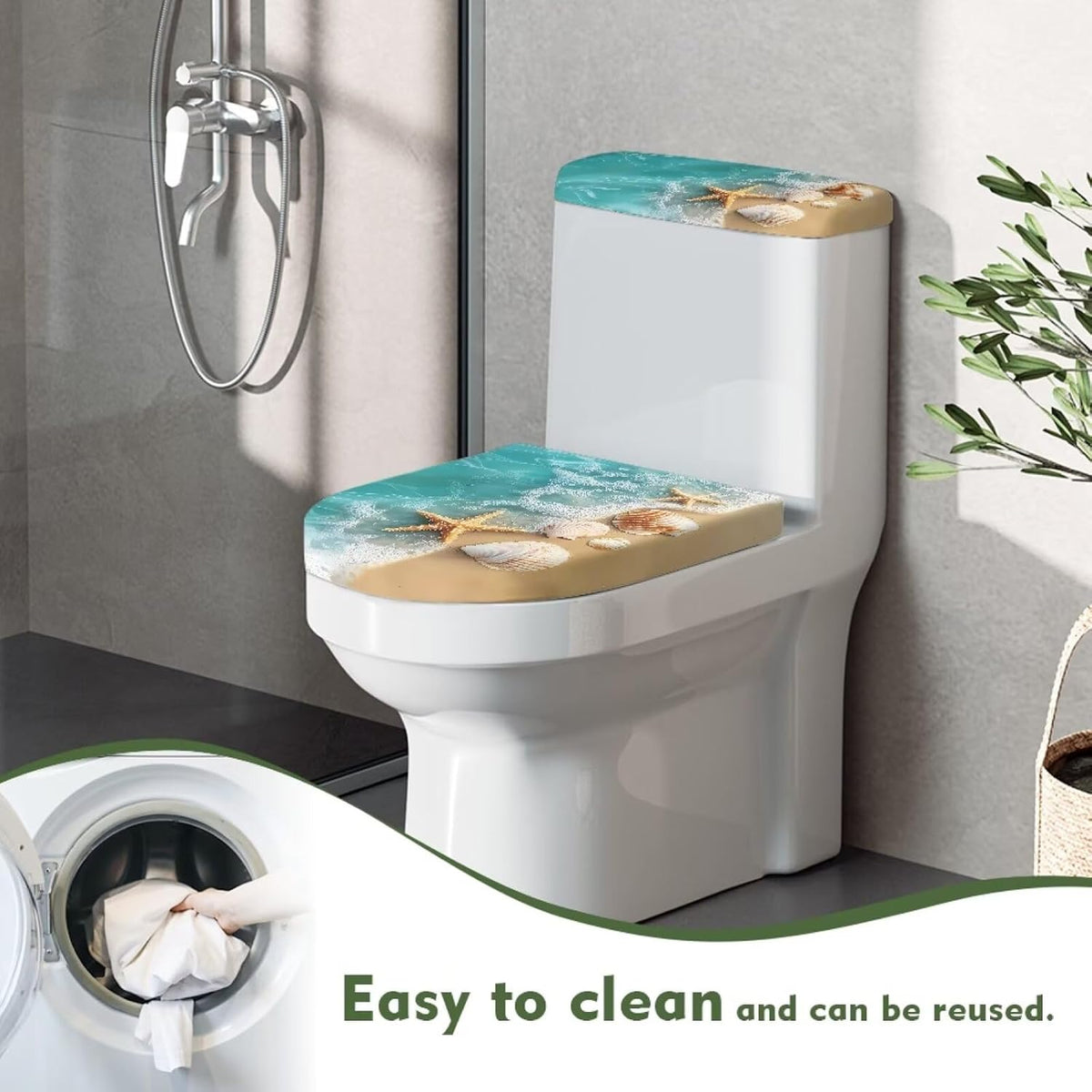 Starfish Toilet Lid & Tank Covers Shell Toilet Seat Covers for Bathroom Dust Cover Set 2 Piece Polyester Fabric Bathroom Covers Elastic Bottom Soft Universal for Most Toilet Bowl Lids