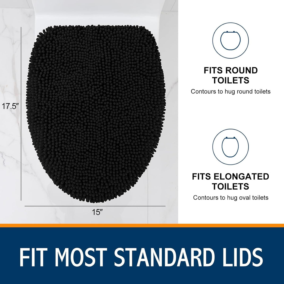 Smiry Soft Chenille Bathroom Toilet Lid Cover 17.5x15, Black