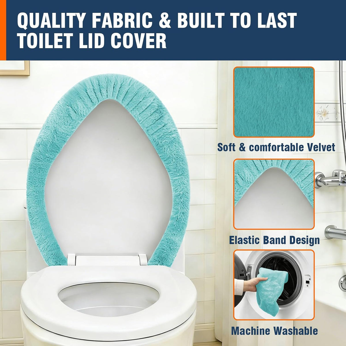 Soft Plush Toilet Lid Cover for Bathroom, Machine Washable Toilet Seat Covers, Fits Most Round Elongated and Oblong Lids, Easy Installation& Cleaning (Turquoise)