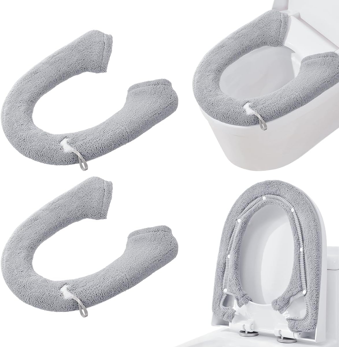 2 Packs Toilet Seat Cover, Plush Warm Bathroom Toilet Seat Cushion with Snaps Fixed Washable and Reusable Toilet Seat Lid Cover Pads, Fits Most Toilet Seats, Light Grey