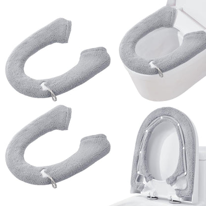 2 Packs Toilet Seat Cover, Plush Warm Bathroom Toilet Seat Cushion with Snaps Fixed Washable and Reusable Toilet Seat Lid Cover Pads, Fits Most Toilet Seats, Light Grey
