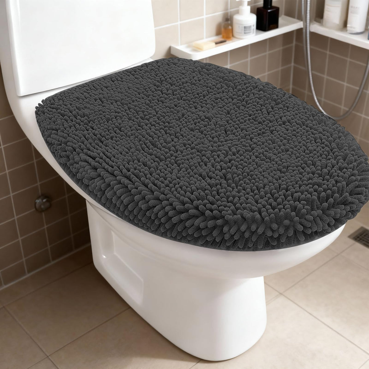RUN HELIX Bathroom Toilet Lid Cover,Chenille Machine Washable Seat Covers, 17.5x15, Stays in Place Rubber Backing, Fits Most Round, Elongated and Oblong Lids, Accessories Decor,White