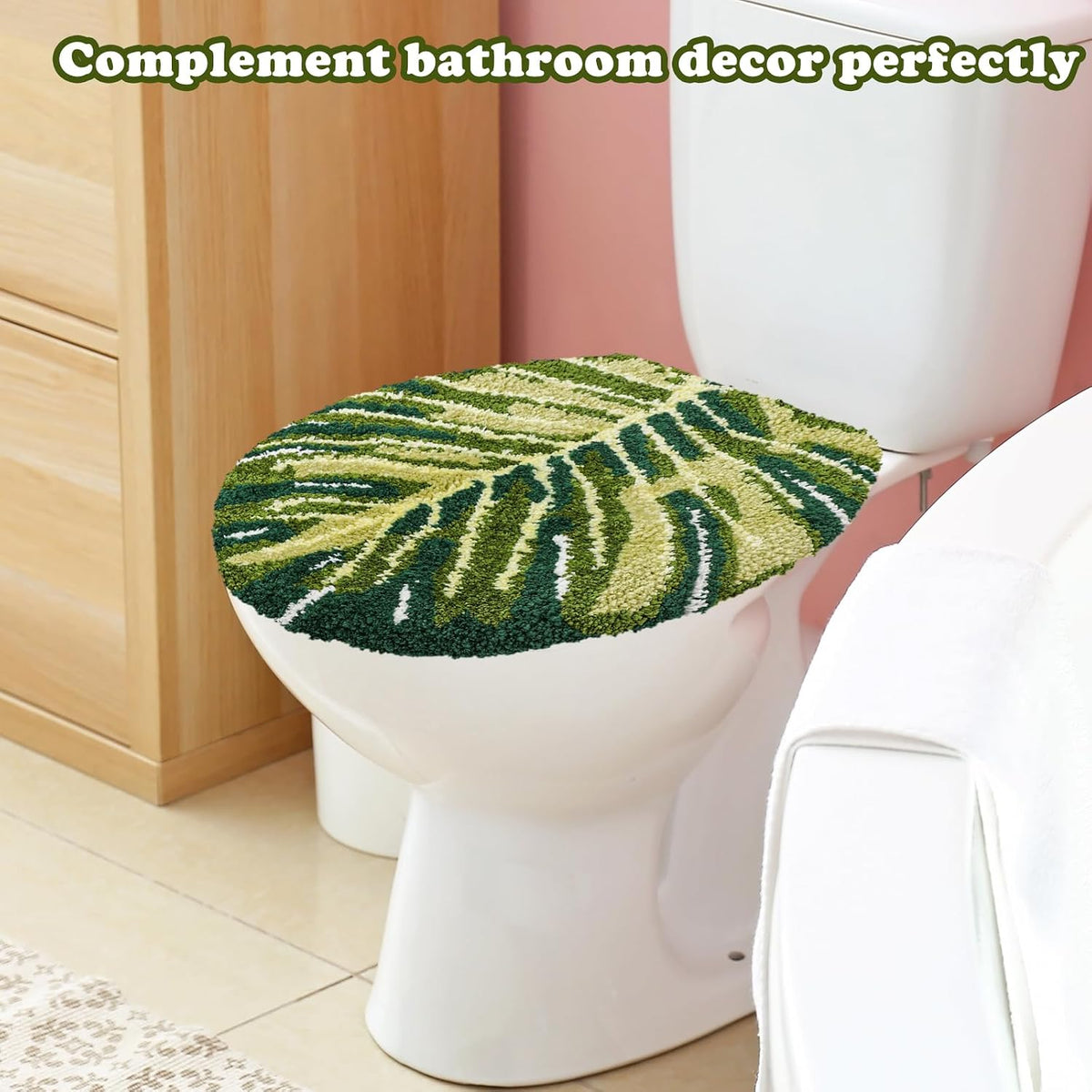 FYSUIMU Palm Leaf Toilet Lid Cover Green Monstera Toilet Seat Cover with Adjustable Rubber Backing for Most Lids Summer Tropical Bathroom Decoration