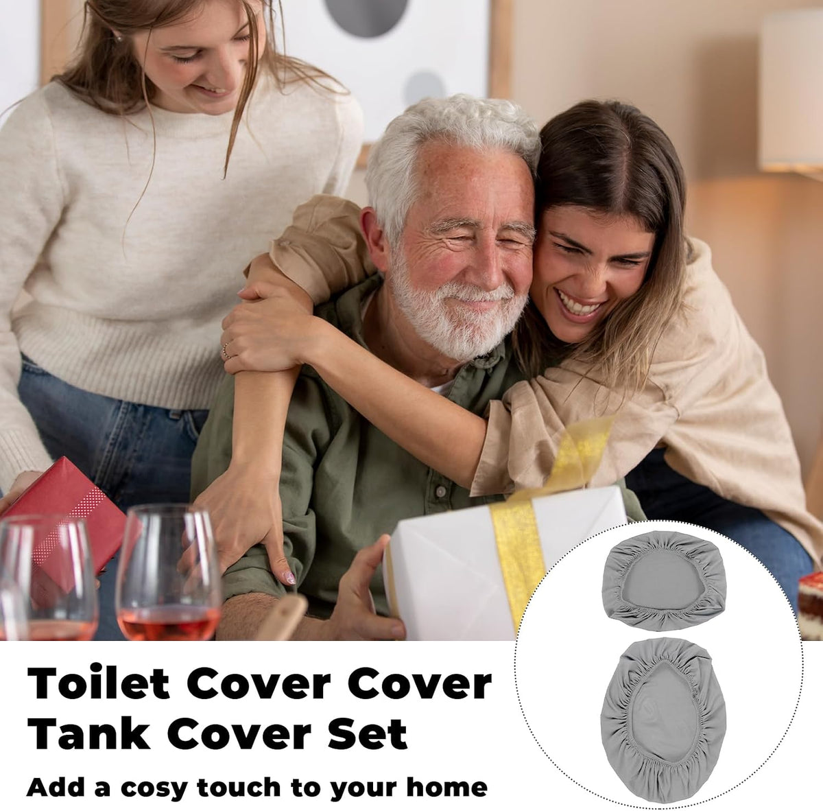 Thinp Toilet Lid Cover and Toilet Tank Cover,Grey Toilet Seat Cover with Elastic Bottom Replacement Toilet Cover Soft Stretch Toilet Covers Set Universal Toilet Lid Covers for Bathroom Decoration
