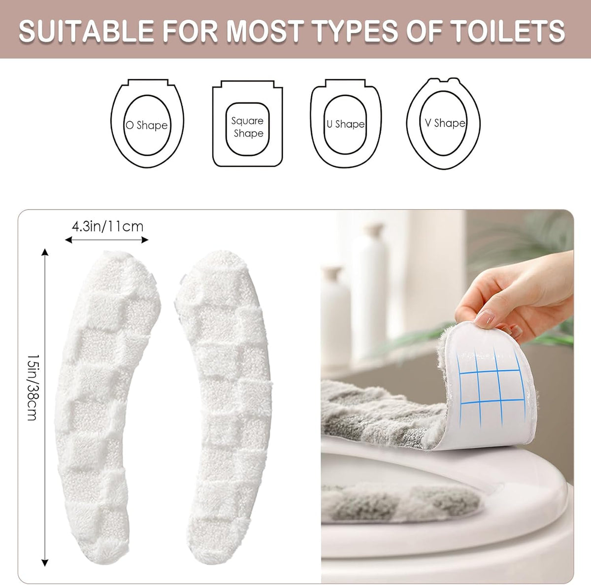 Thick and Warm Plush Toilet Seat Cover – Washable, Reusable Cushion with TPR Adhesive & Checkered Pattern for Comfort & Insulation (White)