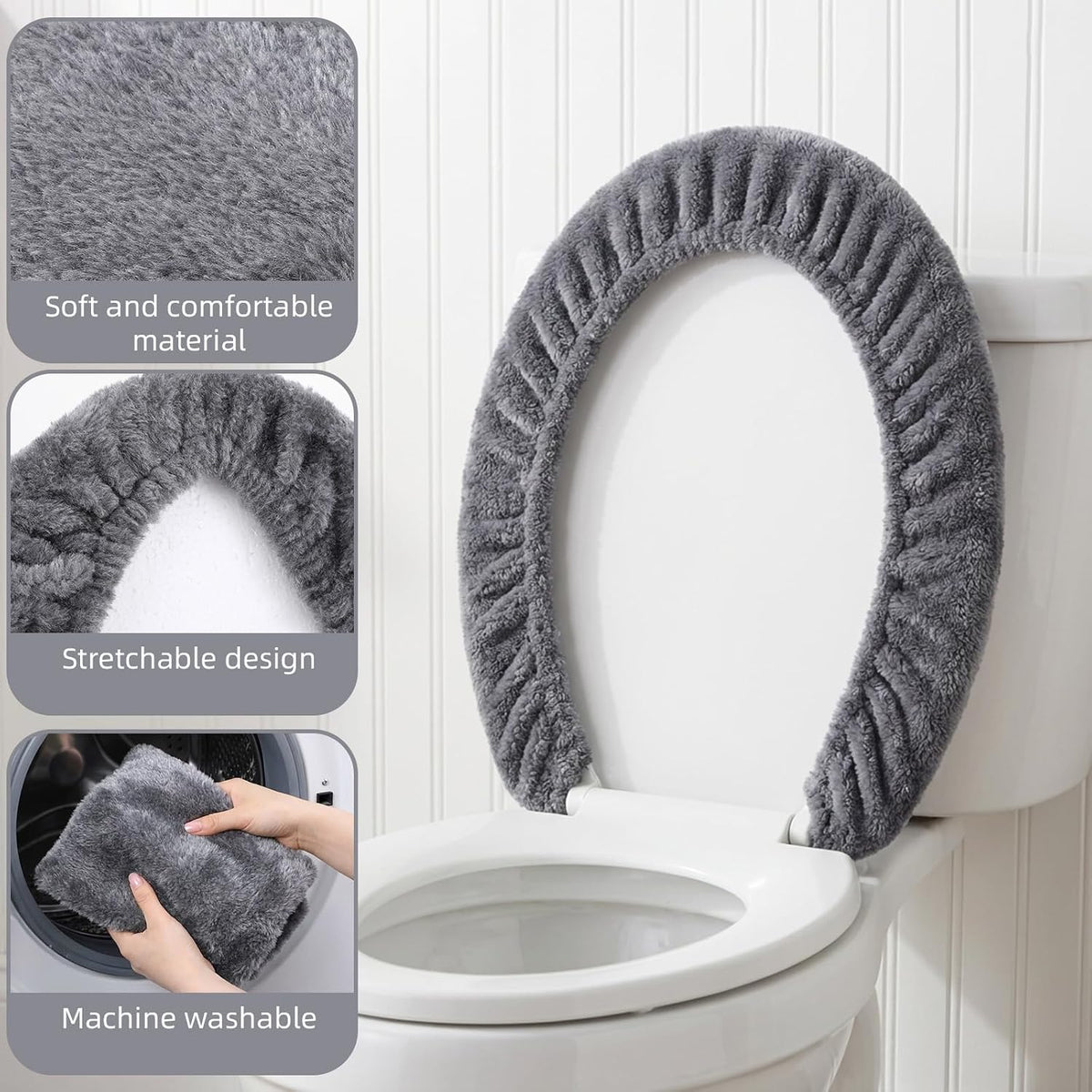 1 PCS Toilet Seat Lid Cover Microfiber Soft Velvet Toilet Cover Durable Adjustable Stretch Fuzzy Seat Covers with Elastic Bottom Absorbent Machine Washable Comfortable for Most Toilets Lids(grey)
