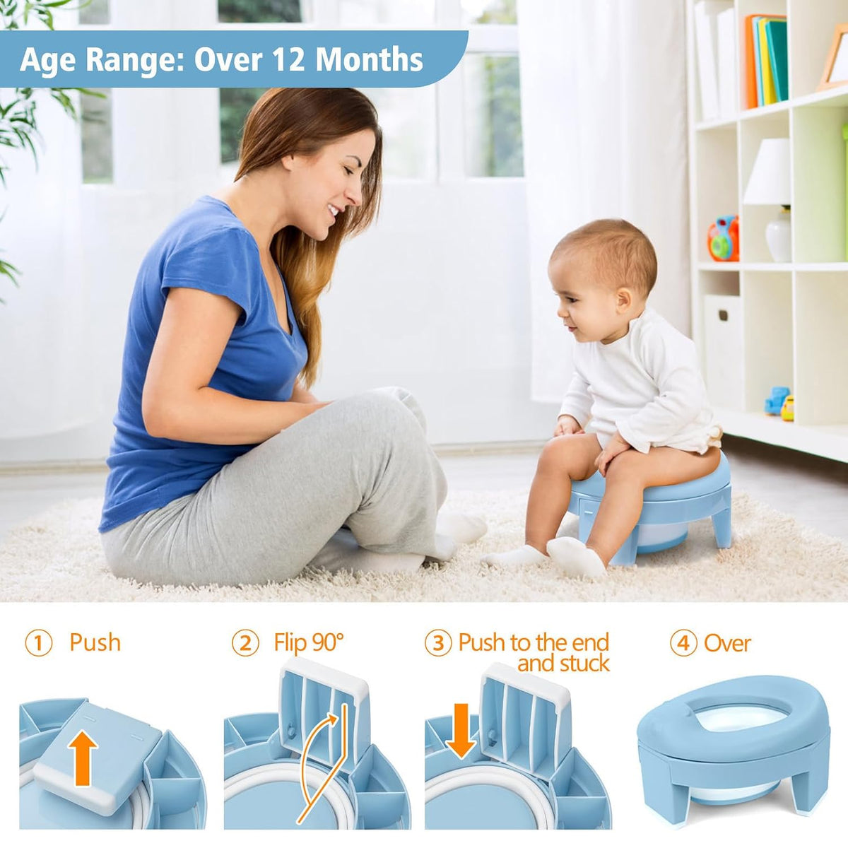MCGMITT Potty Training Toilet Seat for Toddlers Boys Girls, Portable Baby Toilet Soft EVA Folding Kids Potty Chair Cover with Splash Guard for Travel, Including 3 Non-Slip Feet and Storage Bag (Blue)