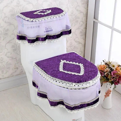 Elegant Solid 3-Piece Luxury Velvet Lace Toilet Accessories Set - Skirted Lace Trim, Commode Cushion, Water Tank Cover, Toilet Paper Holder Cover, Home Interior Decoration for Household Bathroom Upgrade, Toilet Accessories Cover, Bathroom Decor