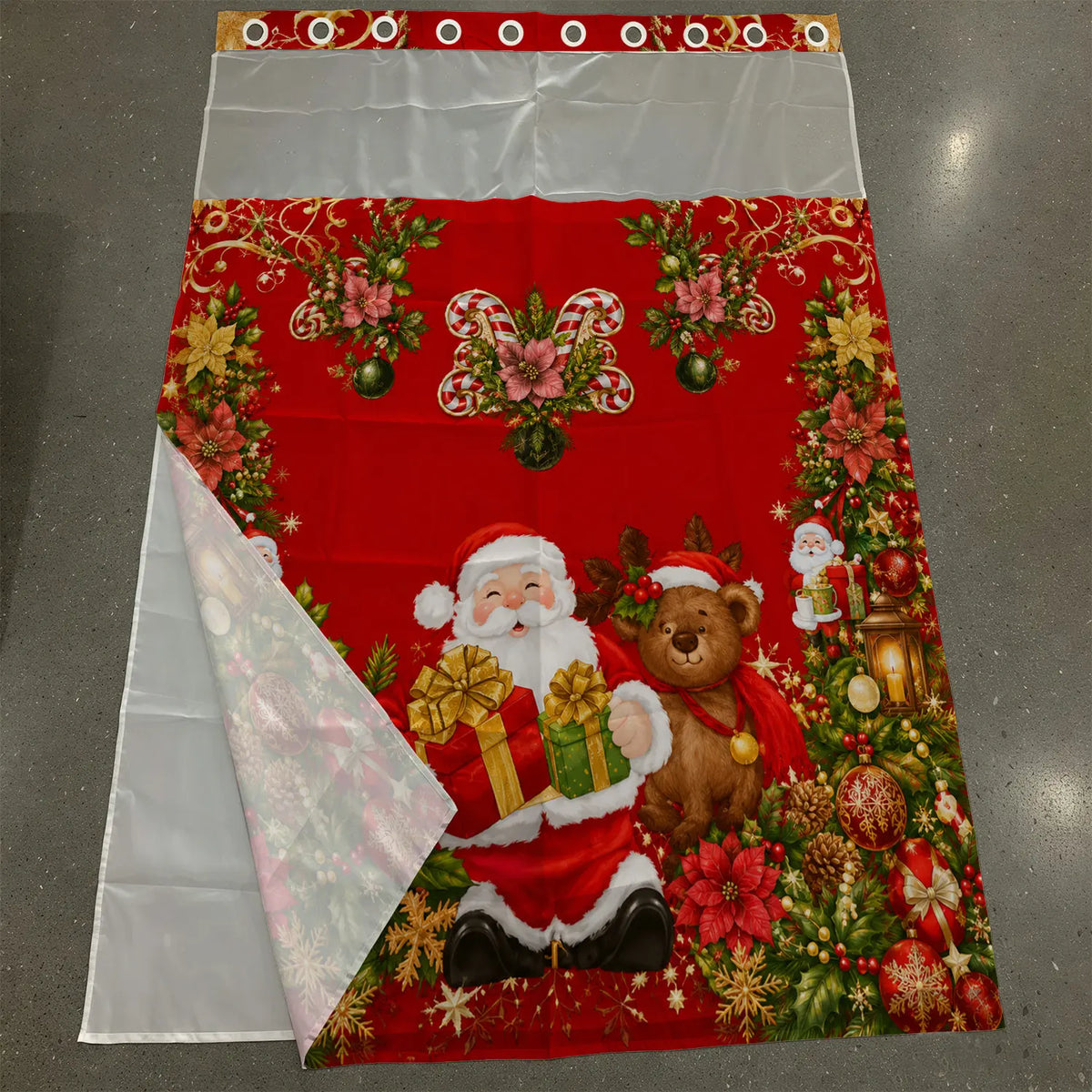 1 Piece No Hook Double Layer Decorative Shower Curtain, Christmas Santa Claus Print Bath Curtain, Waterproof, Mildew Resistant, Durable Fabric, Holiday Home Decor, Removable Liner, Top See-Through Window, Partition Curtain 71"×74"