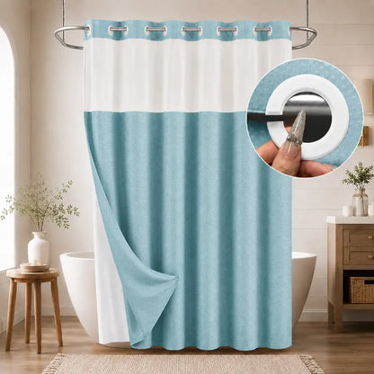 White Double Layer Waffle-Pattern Shower Curtain - No Hook Snap-in Liner, Fabric Waterproof Inner & Washable White Outer Cloth, Modern Bathroom Accessory for Home/Hotel/Salon/Dorm, 72x75 Inch