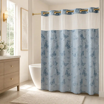 Silver No Hook Double-Layer Butterfly Flocked Shower Curtain,Mesh Top Window，Mesh Top Window, Hook-Free Design, Easy Installation, Farmhouse, Hotel, Modern Home Decoration, 72x75i
