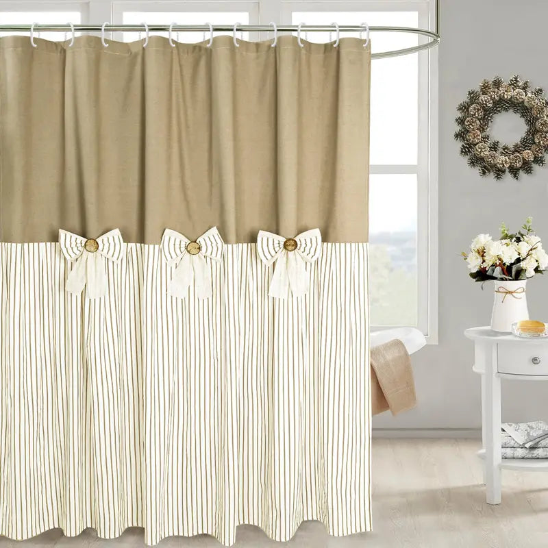 Rustic Farmhouse Shower Curtain - Striped Bottom, Bow Detail, Pattern Design for Cozy Bathroom Decor, Farmhouse Shower Curtains