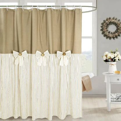 Rustic Farmhouse Shower Curtain - Striped Bottom, Bow Detail, Pattern Design for Cozy Bathroom Decor, Farmhouse Shower Curtains