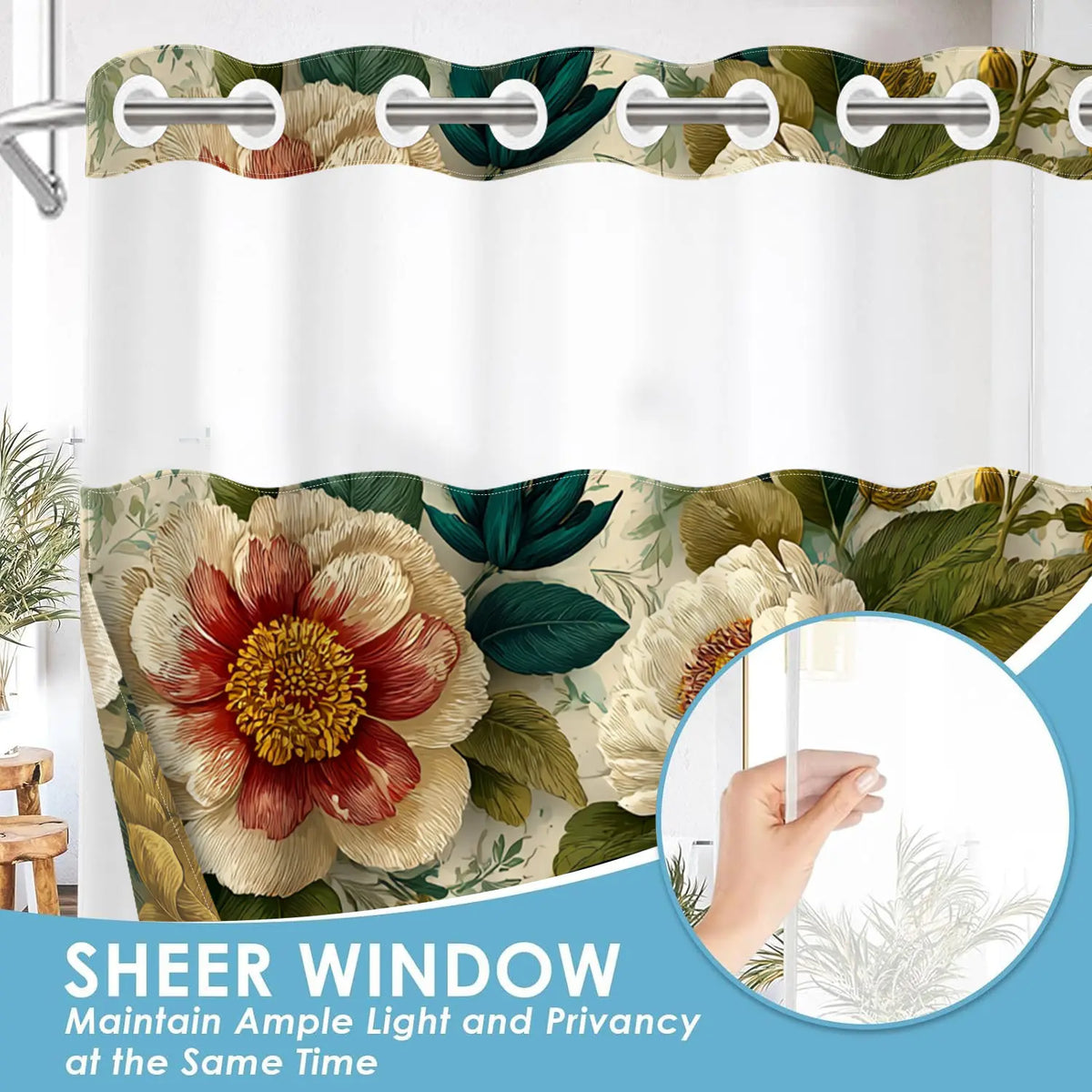 1pc hookless Aesthetic shower curtain with snap fastener, retro butterfly flower 2D printing, fabric waterproof inner lining double-layer with transparent window and liner, 71 x 74 inches
