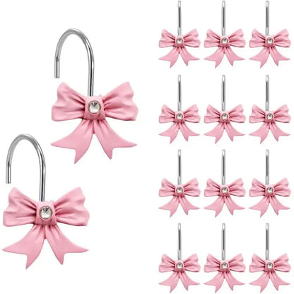 12PCS Premium Resin Blush Pink Bow Knot Shower Curtain Hooks - Metal Alloy Material, Eyelet Fit, Standard Rod Diameter, Bathroom Accessories for Baby Room Nursery