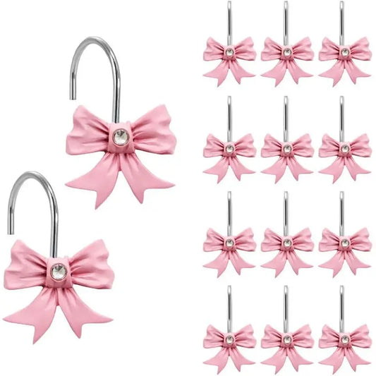 12PCS Premium Resin Blush Pink Bow Knot Shower Curtain Hooks - Metal Alloy Material, Eyelet Fit, Standard Rod Diameter, Bathroom Accessories for Baby Room Nursery